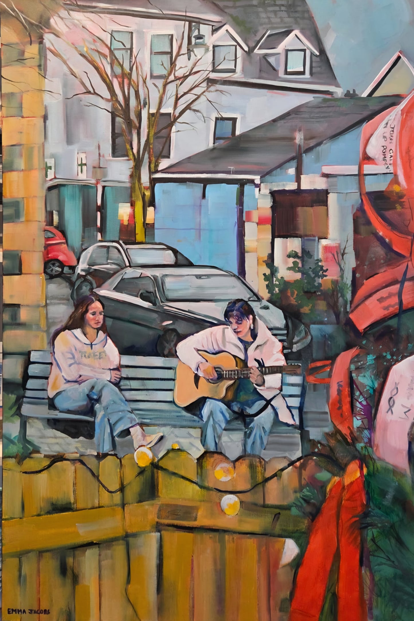 Original oil painting of two girls on a bench in Market Square, Kinsale at Christmas, one playing guitar, with the Kinsale Remembrance Tree in the foreground, by Emma Jacobs