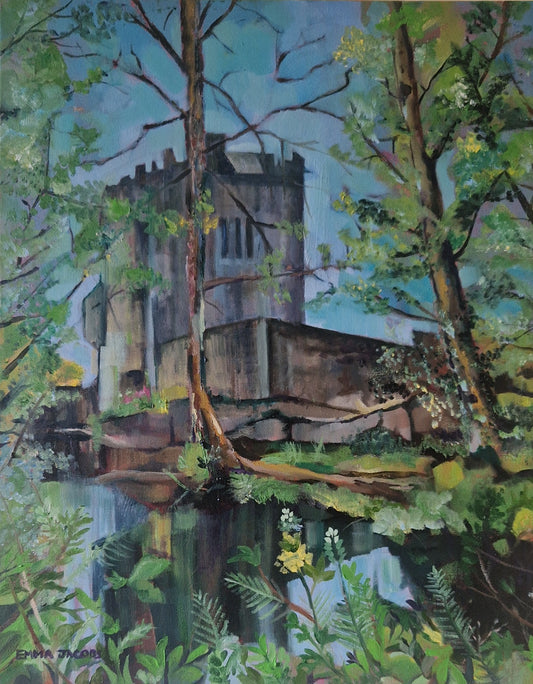Original oil painting of Aughnanure Castle reflected through trees, in County Galway, Ireland, by Emma Jacobs