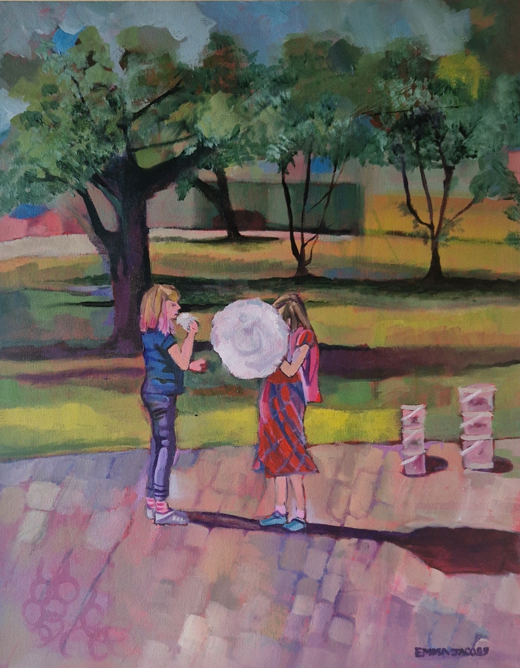 Painting of two young girls eating candy floss in a park