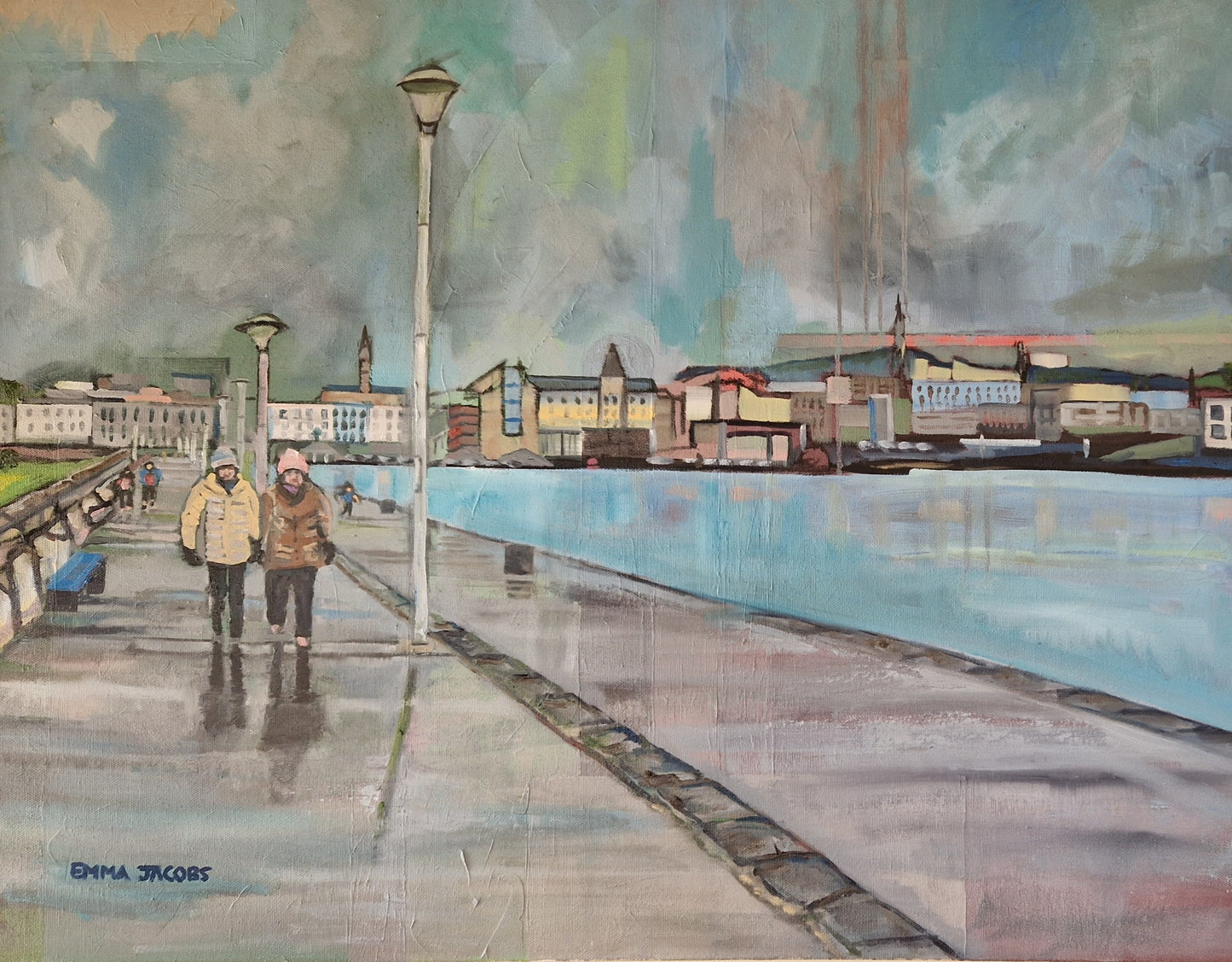 Original oil painting of figures walking on Dún Laoghaire Pier, Dublin, Ireland, by Emma Jacobs