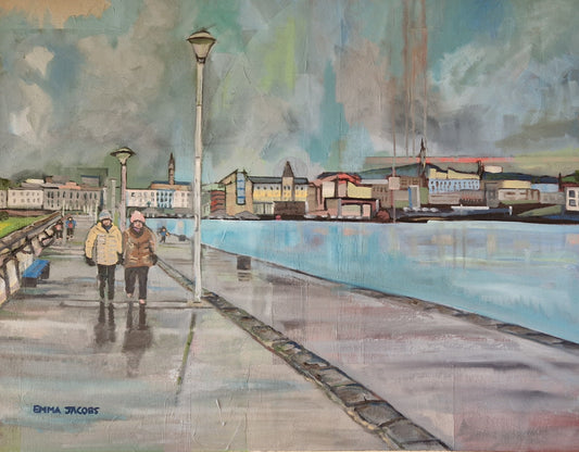 Original oil painting of figures walking on Dún Laoghaire Pier, Dublin, Ireland, by Emma Jacobs