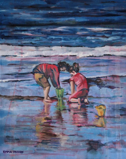 Original oil painting of children having fun on a beach, by Irish artist Emma Jacobs
