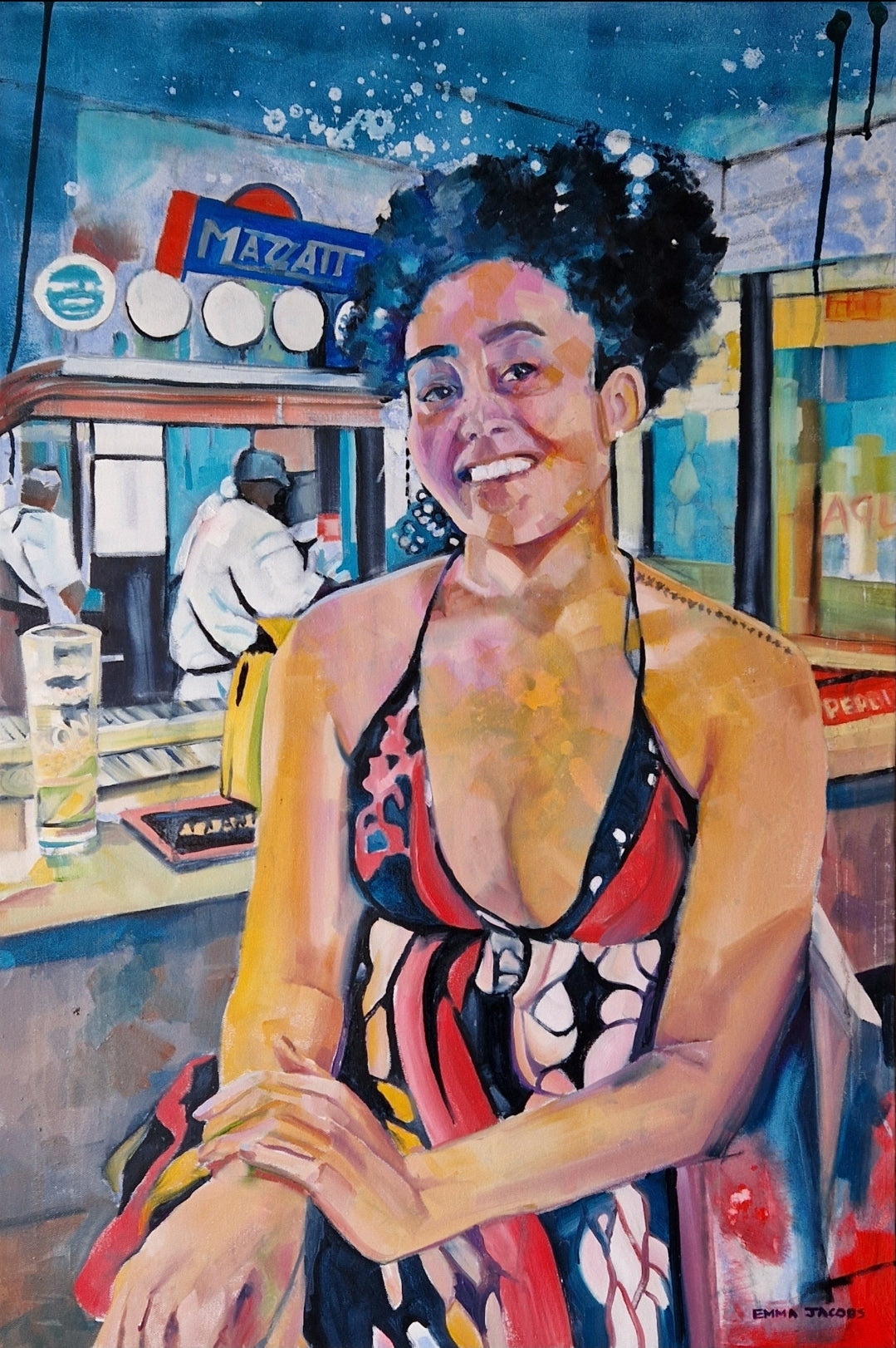 Original oil painting of a girl at a bar, figurative work by Irish artist Emma Jacobs