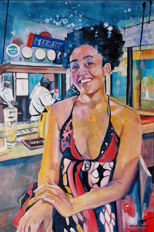 Original oil painting of a girl at a bar, figurative work by Irish artist Emma Jacobs