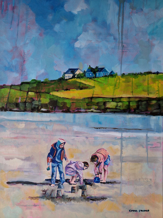 Original oil painting of children building sandcastles at Inchydoney Beach, West Cork, Ireland, by Emma Jacobs