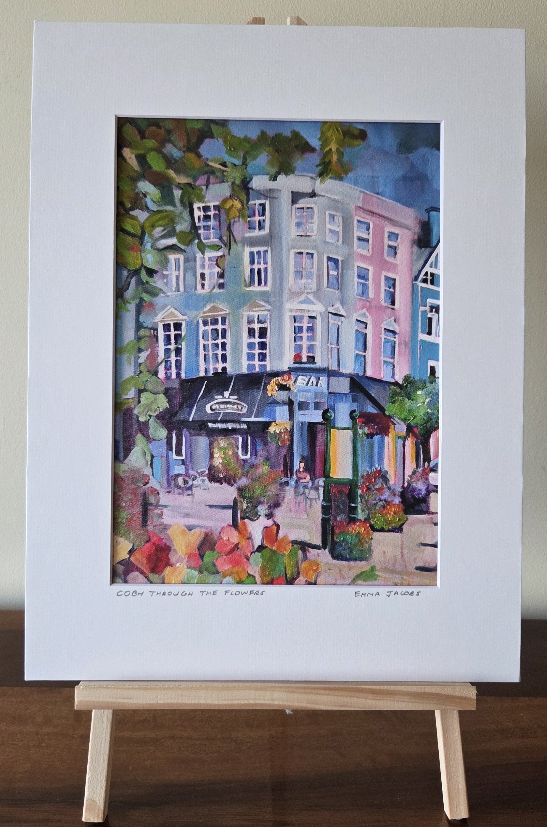 Mounted fine art print of Cobh harbour town viewed through flowers, County Cork, Ireland, by Emma Jacobs