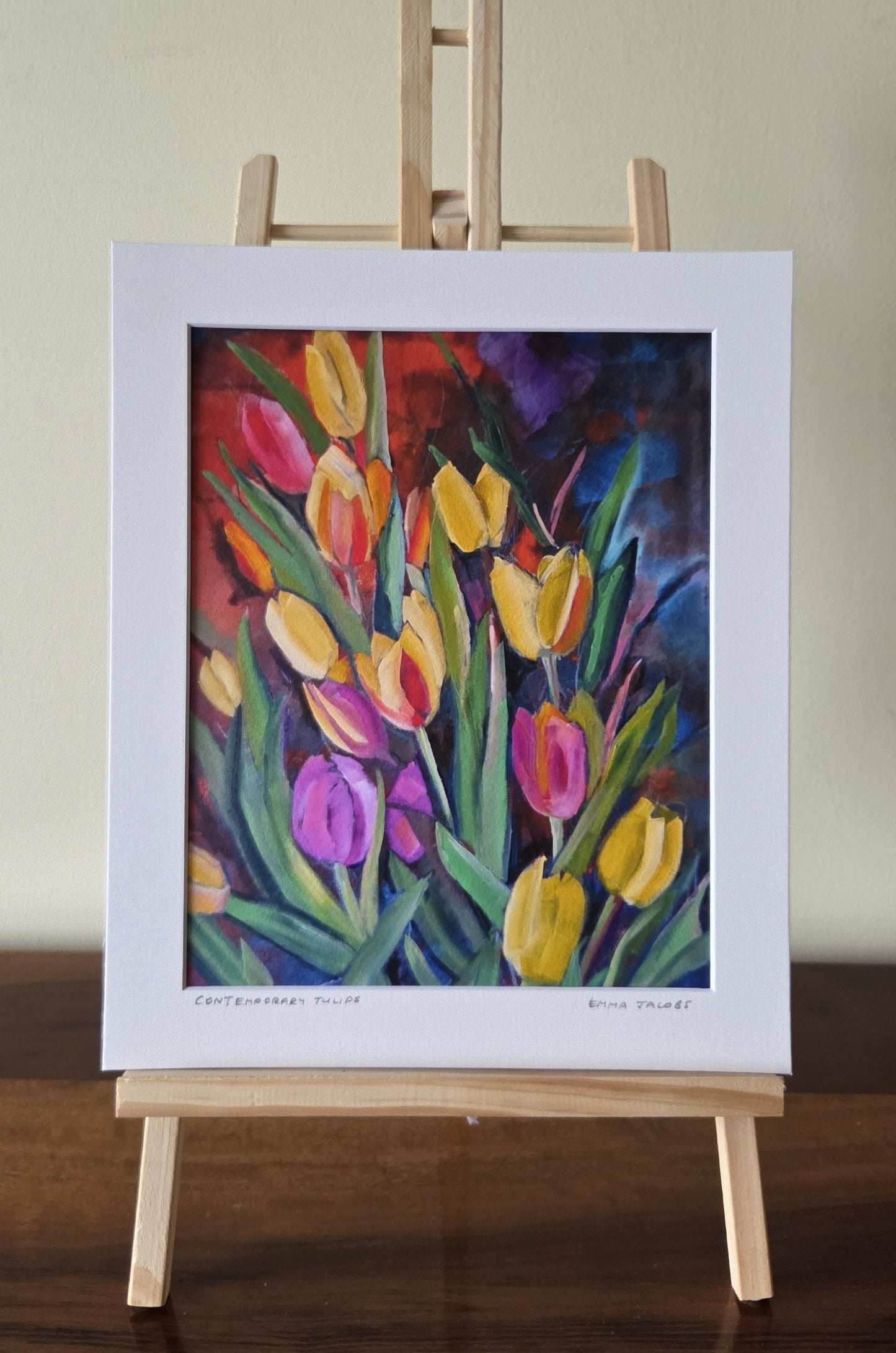 Mounted fine art print of contemporary tulips, botanical art by Irish artist Emma Jacobs