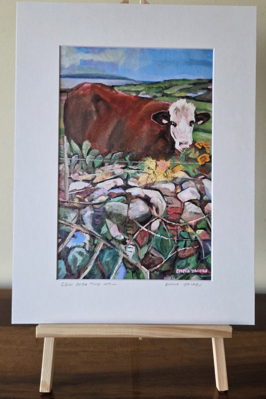 Mounted fine art print of a cow peering over a stone wall, Irish countryside scene by Emma Jacobs