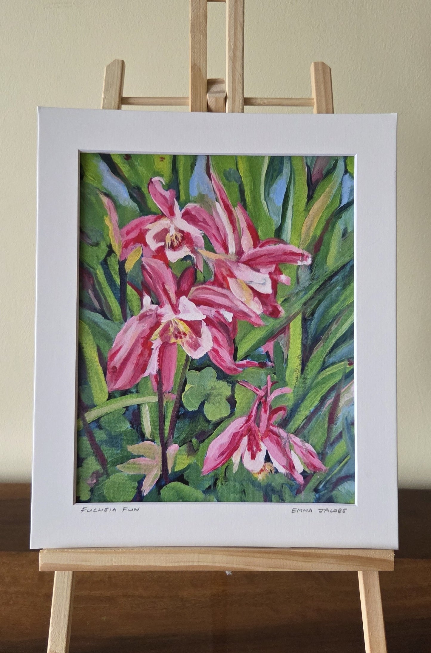 Mounted fine art print of fuchsia flowers, West Cork botanical art by Emma Jacobs