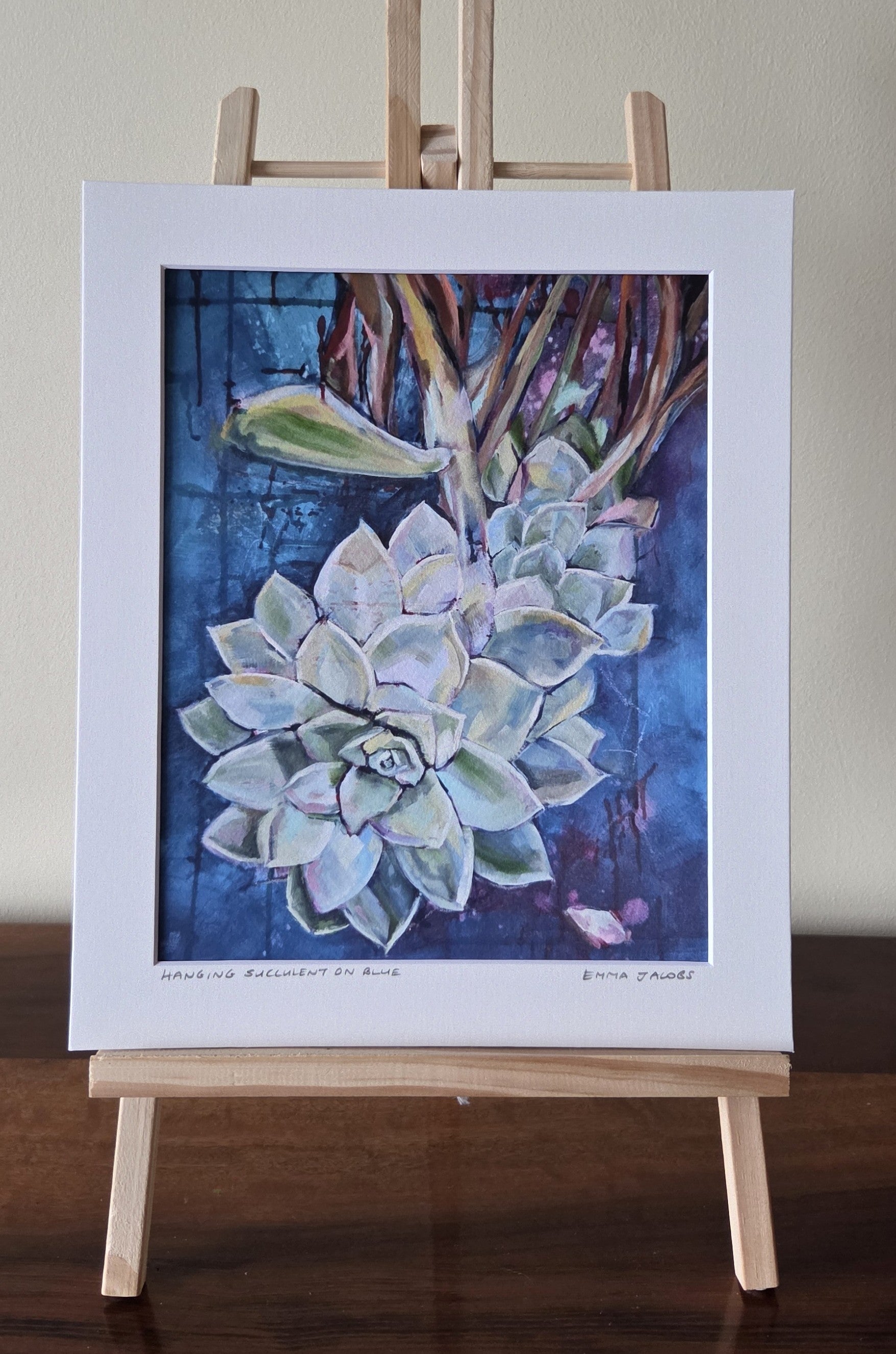 Mounted fine art print of a hanging succulent plant, botanical art by Irish artist Emma Jacobs