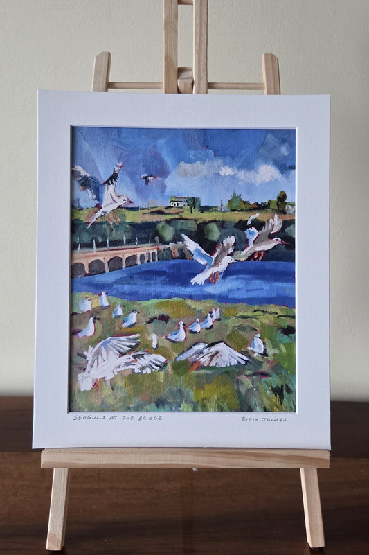 Mounted fine art print of seagulls at  Archdeason Duggan Bridge, Kinsale, coastal West Cork scene by Emma Jacobs