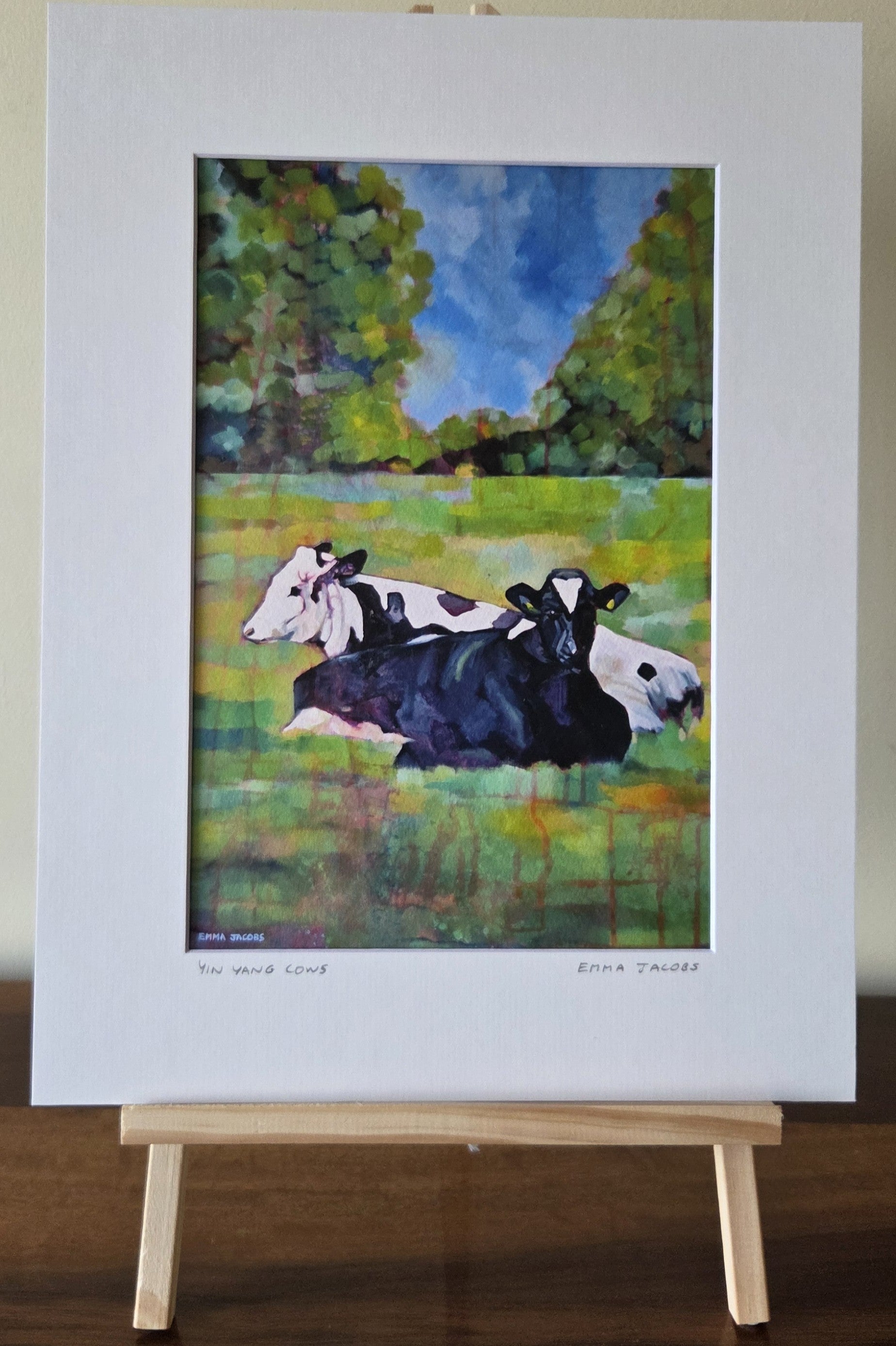 Mounted fine art print of two cows in a yin yang composition, contemporary Irish art by Emma Jacobs