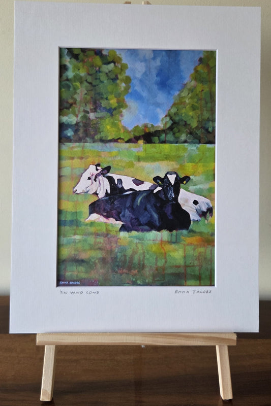 Mounted fine art print of two cows in a yin yang composition, contemporary Irish art by Emma Jacobs