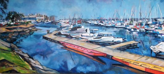 Original oil painting of dragon boat racing at Durban Point Yacht Club, South Africa, by Emma Jacobs