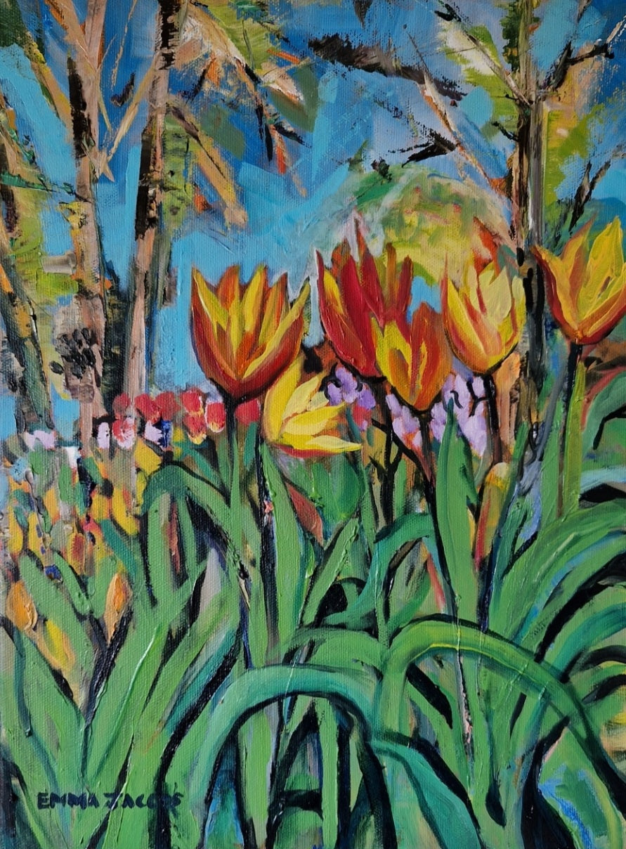 Original oil painting of spring tulips in a nursery, by Irish artist Emma Jacobs